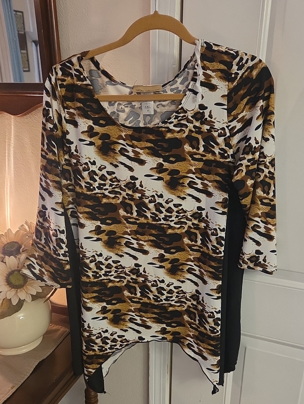 Animal-Print Scoop Neck Top with Black Side Panels - White, Brown & Black